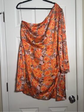 One Shoulder Orange Floral Flowy Mini Dress Satin Garden Party Wedding Guest